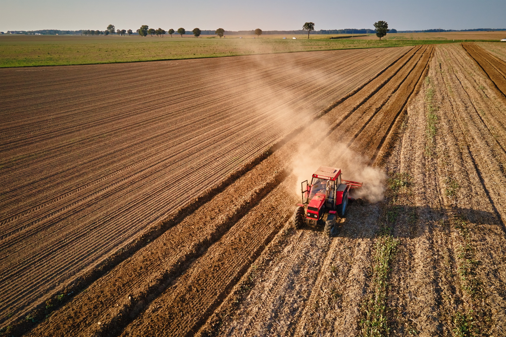 Tractor working in agricultural field, cultivating and plowing dry soil